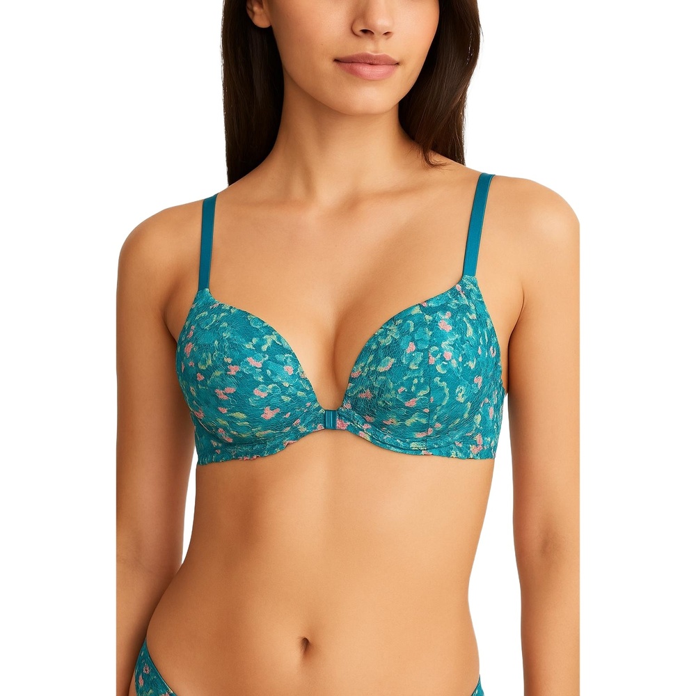 PINK Teal Pink Yellow Floral Lace Racerback Front‎ Closure Chic Bra Womens 32D